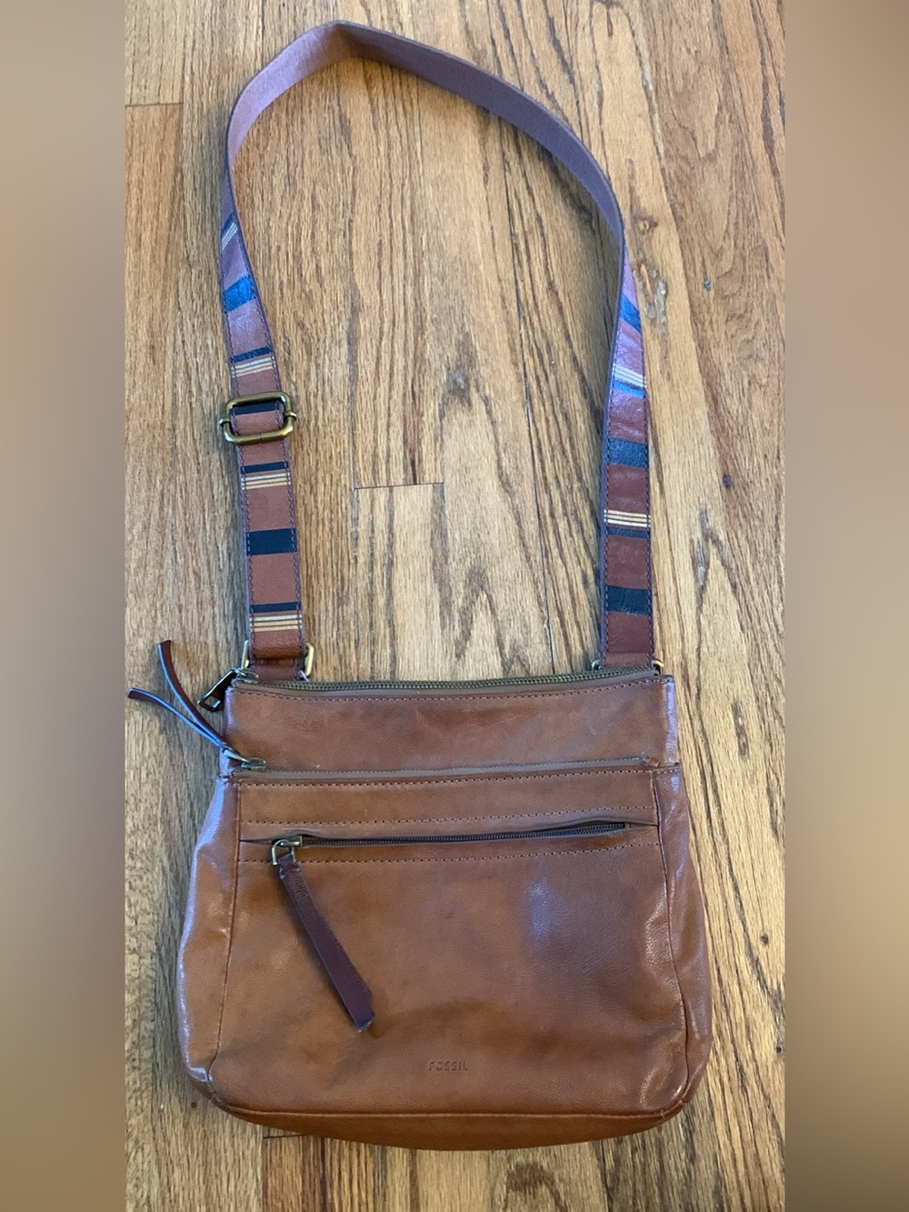 Fossil Brown Leather Crossbody with Striped Adjustable Strap